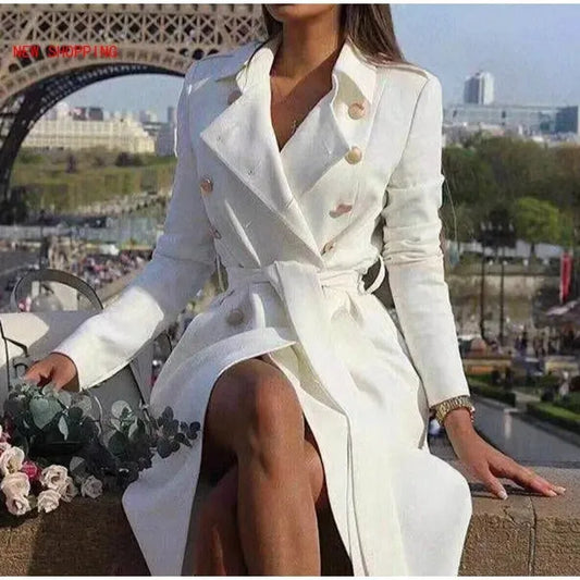 NEW Arrivals S-3XL Red/Black/Khaki/White Double Breasted White Trench Coat Women Winter Vintage Jacket Slim Trench Female Lapel Solid Office Ladies Trench Dress Coat Ladies Luxury Fashion Clothing Supplies