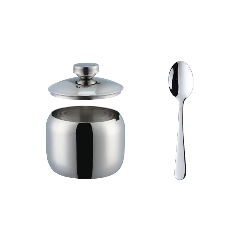 3 PCS Luxury Set + 3 Matching Spoons 304 Stainless Steel Gold Seasoning Condiment Pot Set Spice Salt Sugar Container Pepper Jar Tool with Lid and Spoon Holder Rack Home Tableware Tools Sets