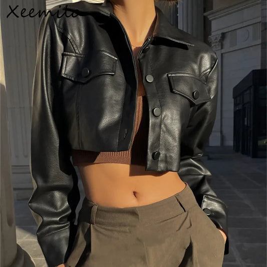 Autumn Faux Leather Short Jacket Turn-down Collar Fashion Botton Decoration Coat Grunge Street Casual Coats