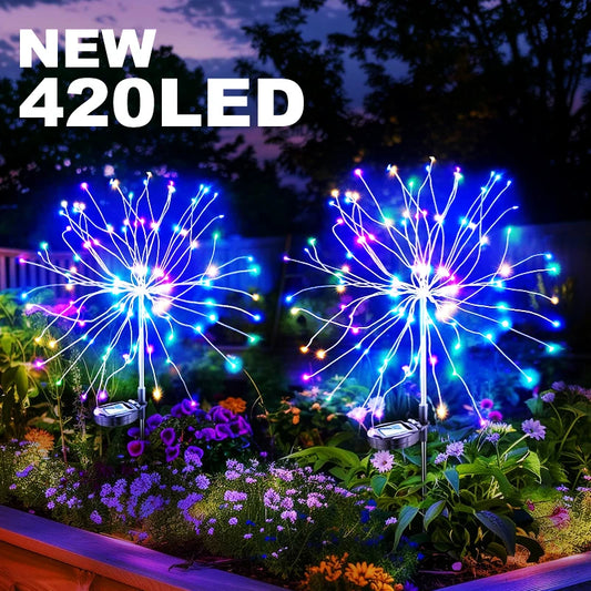 NEW Arrivals 2PCS Set 420 LED Solar Garden Firework Lights Outdoor Decor Street Solar Lamp for Pathway Patio Lawn Yard