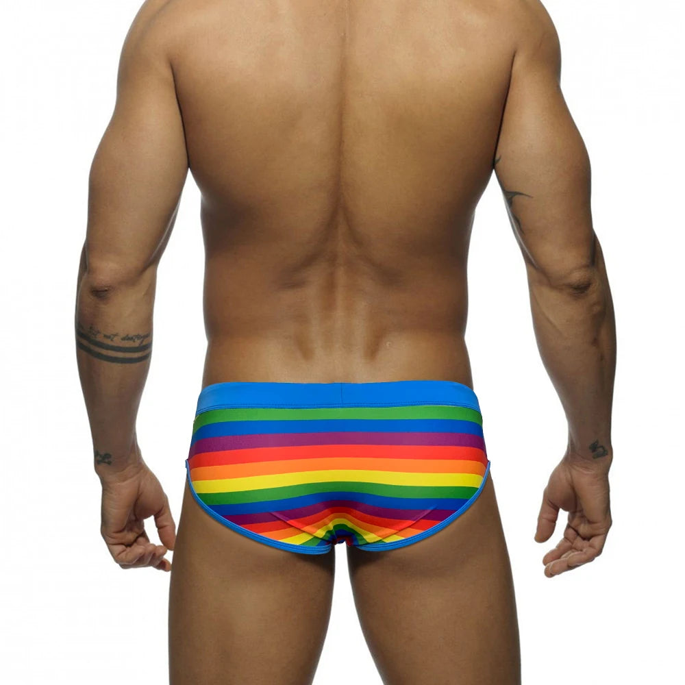 Sexy Low Waist Men Swimwear Rainbow Striped Swim Briefs Summer Europe America Fashion Nylon Pad Push Up Bikini Bathing Suit