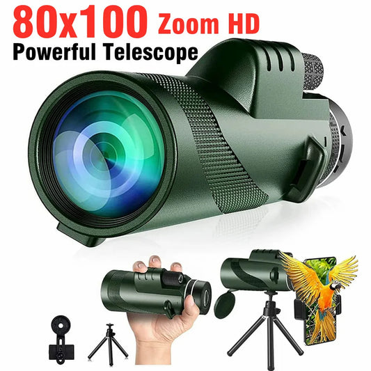 NEW 80x100 HD Zoom Monocular Telescope Portable Powerful Binoculars Long Range Telescope For Hunting Camping With Tripod Phone Clip