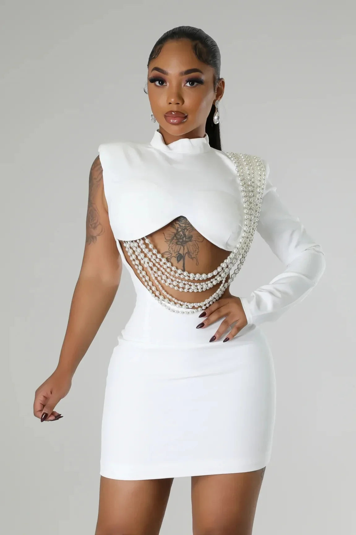 NEW Luxury Women Female White Full Sleeve Elegant O-neck Mini Dress Summer Evening Beach Party Pearl String Sexy Streetwear  Night Club Party Dresses Girls Ladies Luxury Fashion Clothing Supplies