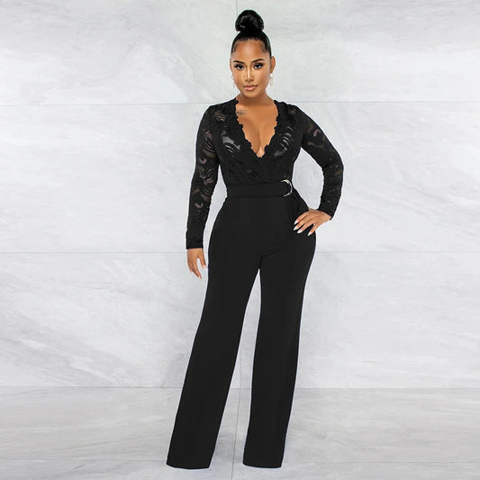 Fashion Casual Women Lace See through V Neck Jumpsuit Long Sleeve  Wide Leg Pants with Belt Rompers Overalls Casual Streetwear