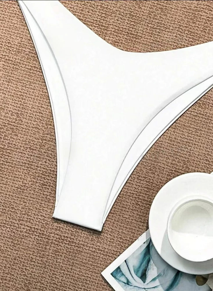 2 PCS Set UK 8-16 Size (S-XL)  8 Colors Women Thong Bikini Sexy Solid White/Black/Coffee Halter Swimsuit Lace Up Brazilian Bathing Suit New Double Fabric Beachwear
