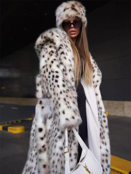 NEW Arrivals UK S-2XL Size 2 Colors Winter Warm Loose Plush Windbreaker With Hat Women Faux Fox Fur Black White Dot Leopard Coat Ladies Thick Long Overcoat