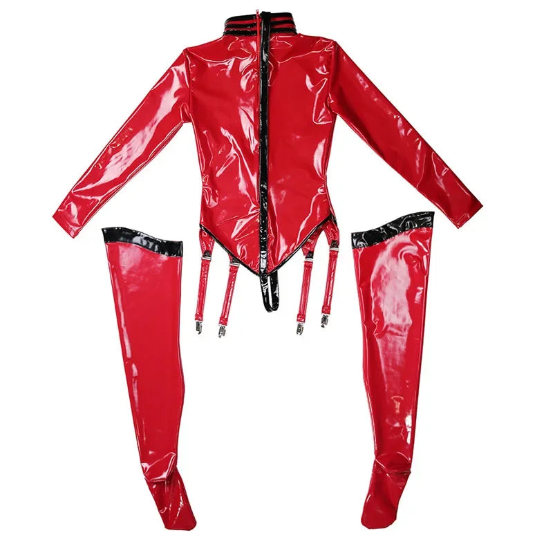 Sexy Fetish  Cosplay Sets Wetlook Women Shiny Patent Leather Suits Exposed Bodysuits Exotic Party Nightclub Costume Custom