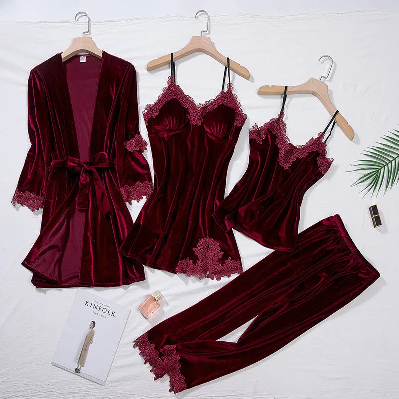 Luxury Velvet 4PCS Set M-2XL 4 Colors Pajamas Set Autumn Female Sleepwear Lounge Wear Sexy Burgundy Lace Bathrobe Nightgown Loose Velour Girls Ladies Luxury Home Wear Apparel Products