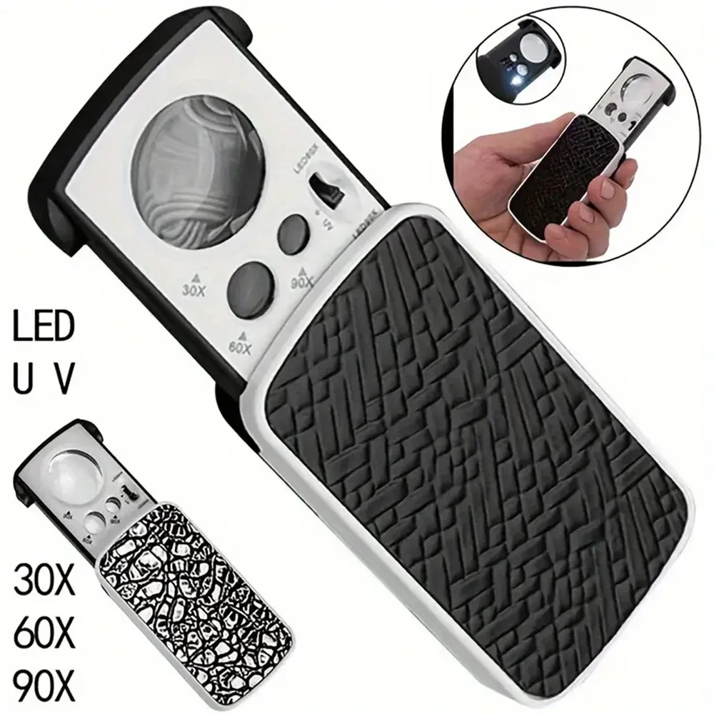 Portable Triplex Magnification Loupe 30X-90X-Slide-Out LED/UV Lighted Jewelry Magnifier for Precision Gemology & Micro-Engraving