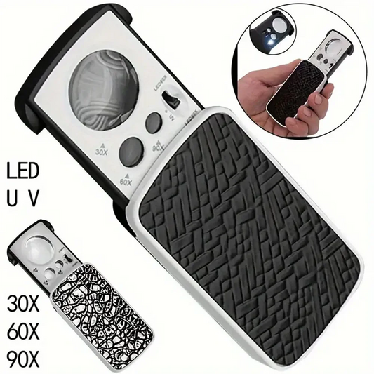 Portable Triplex Magnification Loupe 30X-90X-Slide-Out LED/UV Lighted Jewelry Magnifier for Precision Gemology & Micro-Engraving