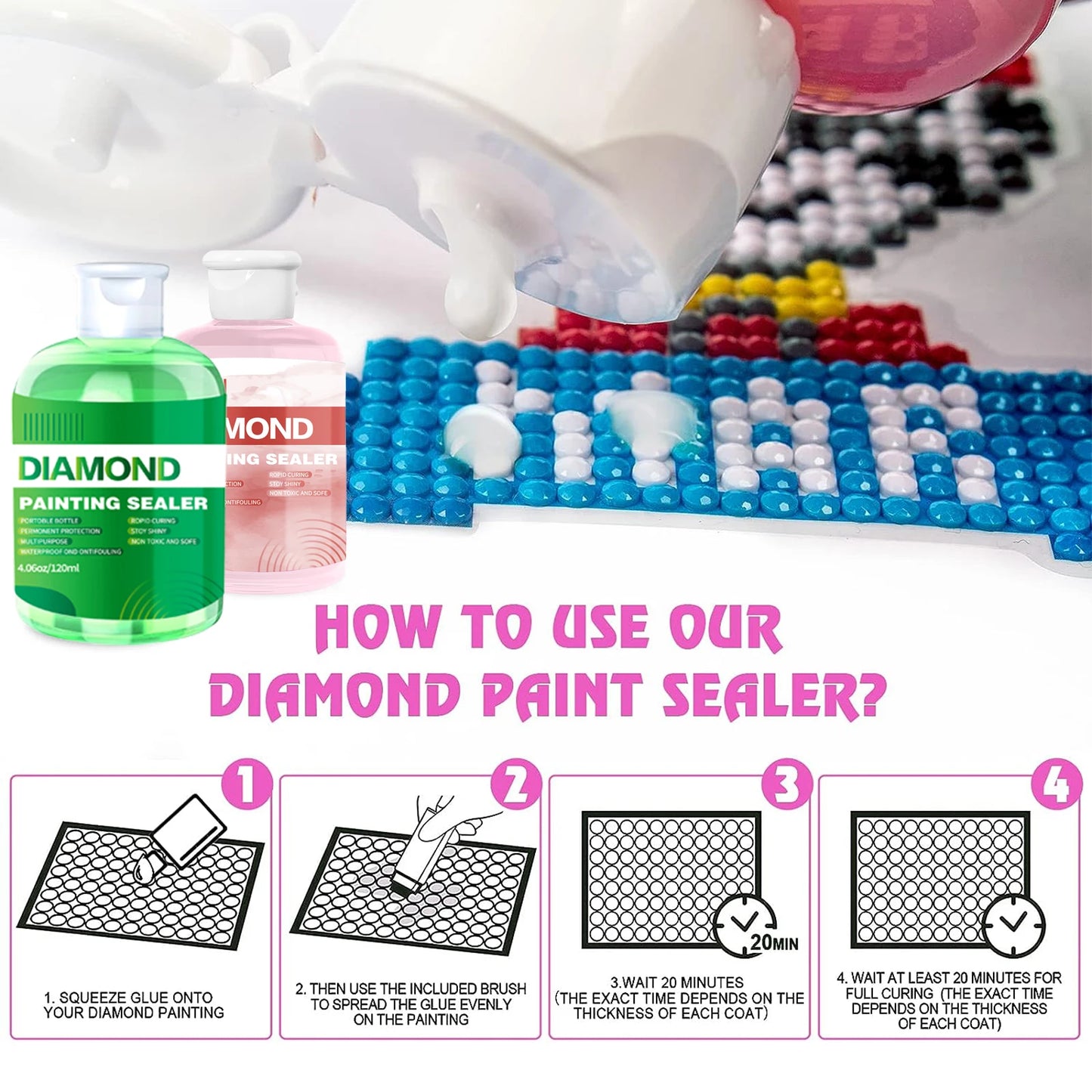 3PCS + Brushes Set Green/Blue/Pink Color Diamond Painting Sealer Kits 120ML/240ML  Diamond Art Sealer Puzzle Glue Diamond Painting Accessories