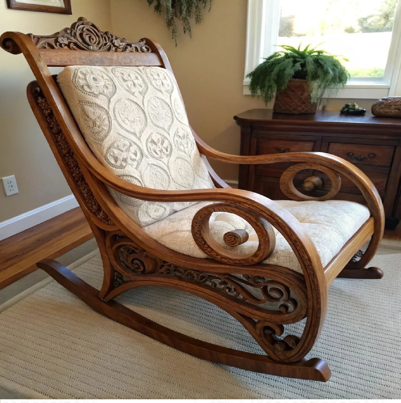 Home Villa Living Room Royal Luxury Ornate Wooden Rocking Chair with Elaborate Hand-Carved Details and Black Leather Upholstery Luxury Furniture Supplies