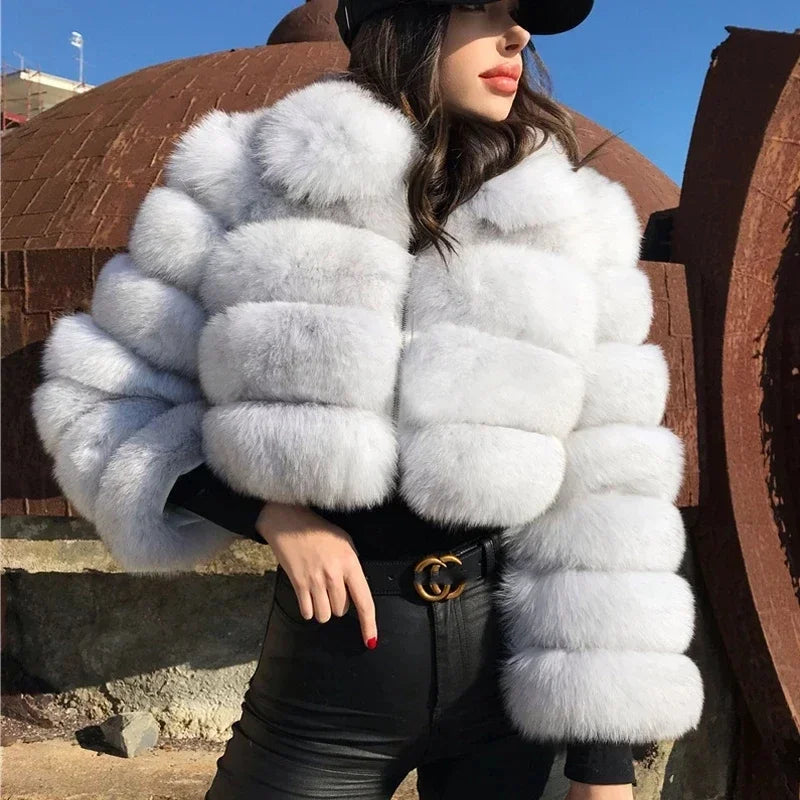 NEW Arrivals S-8XL 4 Colors Extra Plus Size Casual White Black Fluffy Fall Winter Faux Fur Coat Women Short Jacket Long Sleeve Cropped Puffer Fur Jacket Ladies Outwear Girls Winter Fashion Clothing Supplies