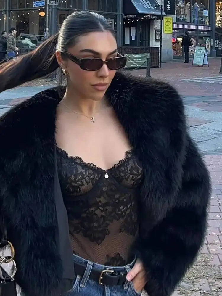 Black/Brown Color Fashion Faux Fur Coat Women's Lapel Loose Long Sleeve Thick Plush Warm Short Jackets Winter New 7A914