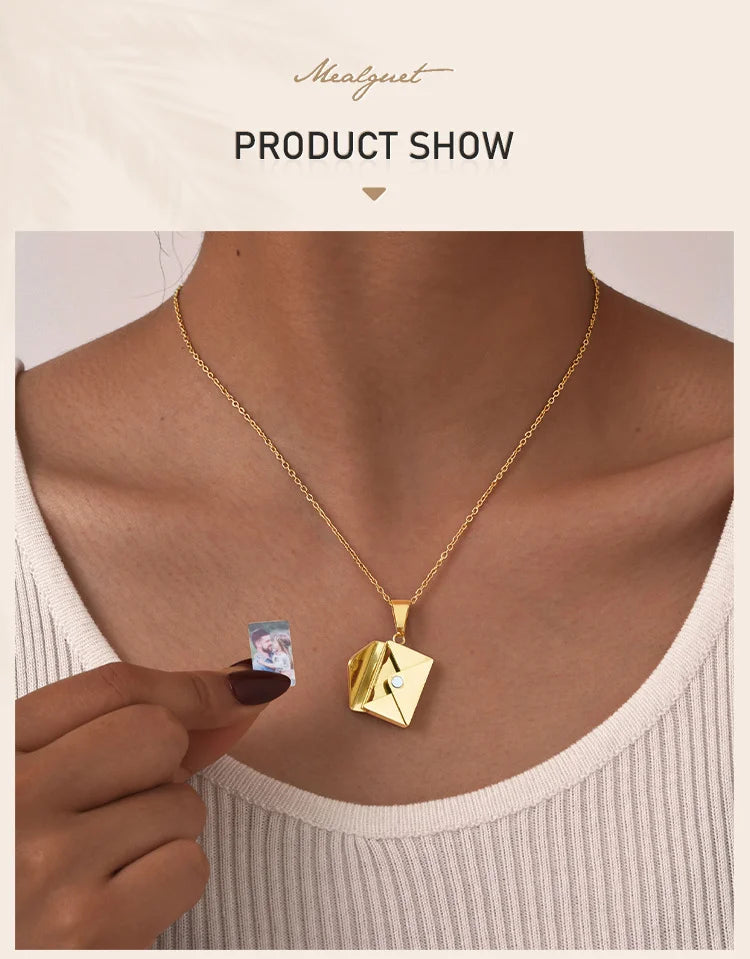Personalized Photo Locket Necklace Envelope Dates/Names Love Letter Shape Pendant for Women, Customized Picture Pendant Gifts