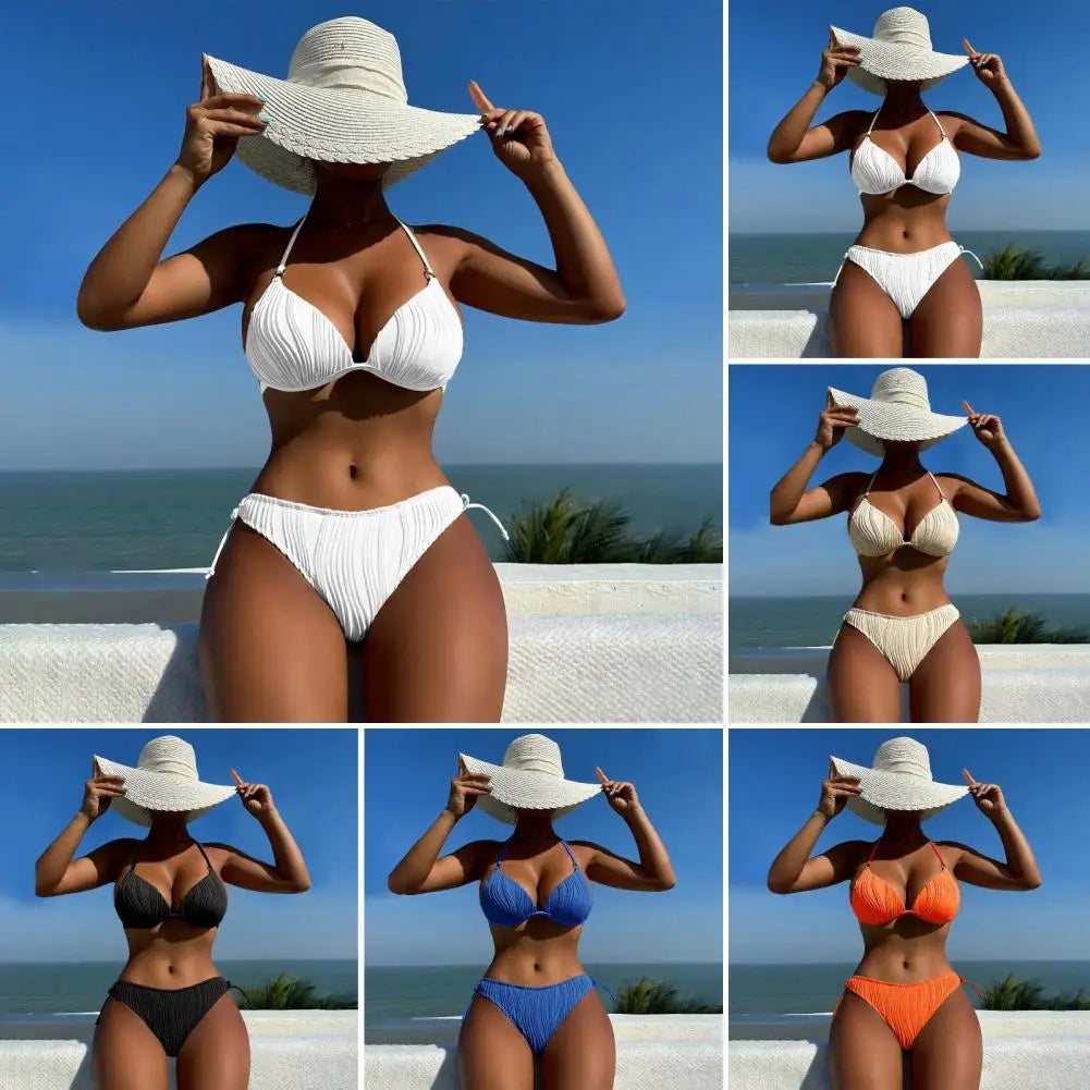 2 Pcs/Set Women Bikini Set Halter Neck Elastic Three-pointed Backless Quick Dry Summer Swimsuit Set Beachwear Bathing Suit