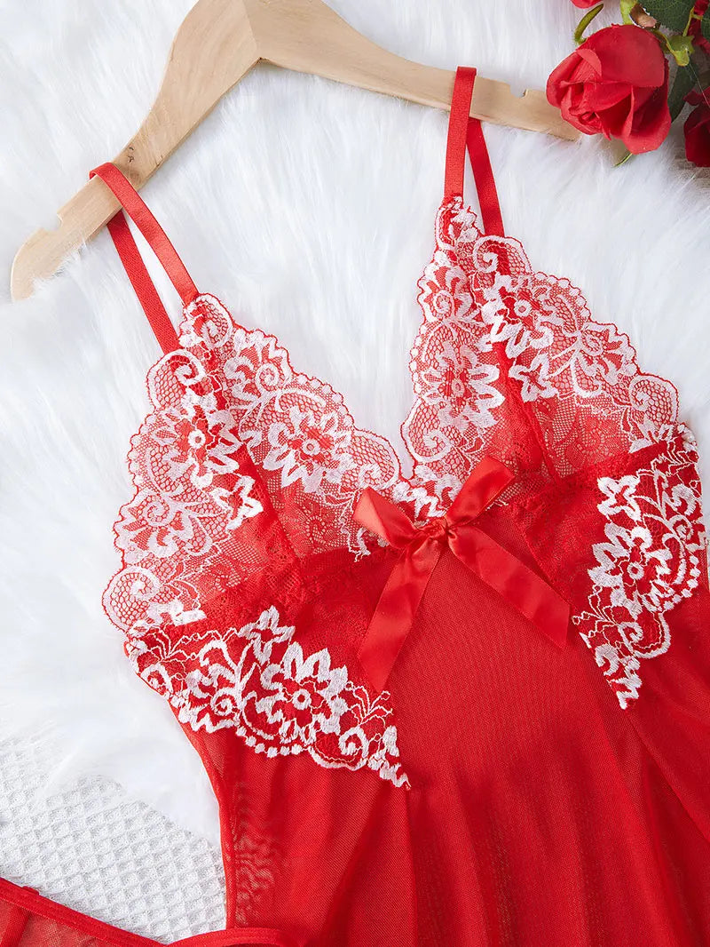 2 PCS Set S-2XL Plus Size Nightdress + Panty Pajamas Sets Women Underwear Lace See Through Sleepwear Sexy Lingerie Dress Female Sexy Nightwear For Night Party Sets