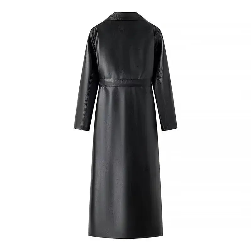 Fashionable Women's Long Leather Coat Jacket Street Style Spring New Arrival European American Cross-border Trench