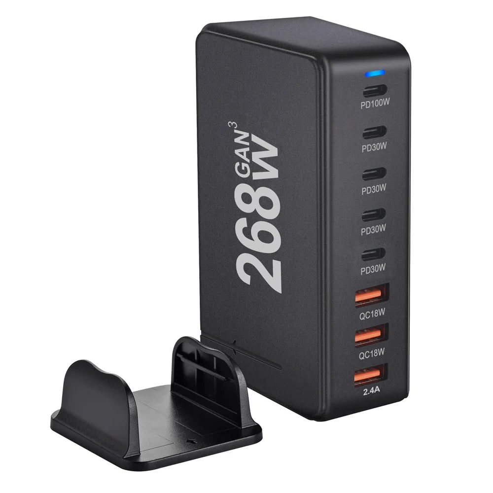 268W Desktop GAN Charger 8-Port USB Type C PD Charger Fast Charge 3.0 USB Type C Fast Charger Mobile USB Charger