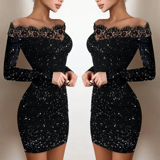 New Arrivals Luxury Spring Women's Female Elegance, Leisure, Sexy Long Sleeved Lace Edge, One Shoulder Silver Powder Sprinkled Dress Evening Wedding Birthday Party Night Clubwear Girls Ladies Luxury Fashion Clothing Supplies