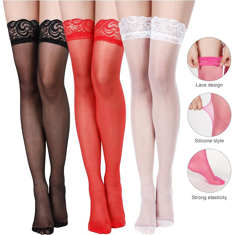 Women Sexy Stockings Silicone Anti-Slip Thigh High Quality Long Socks Transparent Thin Lace Tights Stocking Over The Knee Solid Socks Pantyhose Ladies Underwear Lingerie Apparel Accessories