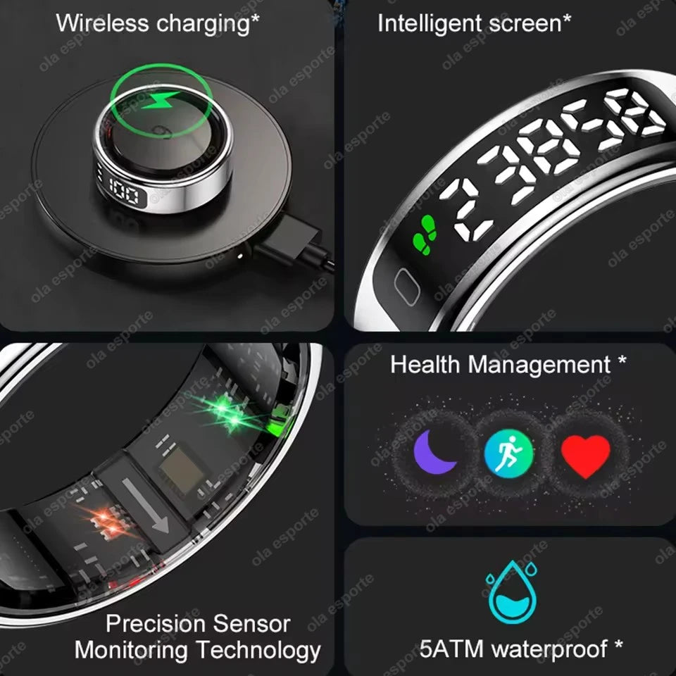 New Women Elderly Men Smart Ring with Wireless Charger Gesture Brush Tik-Tok Display Screen Health Monitoring IP68 5ATM Waterproof Rings Health Care Supplies