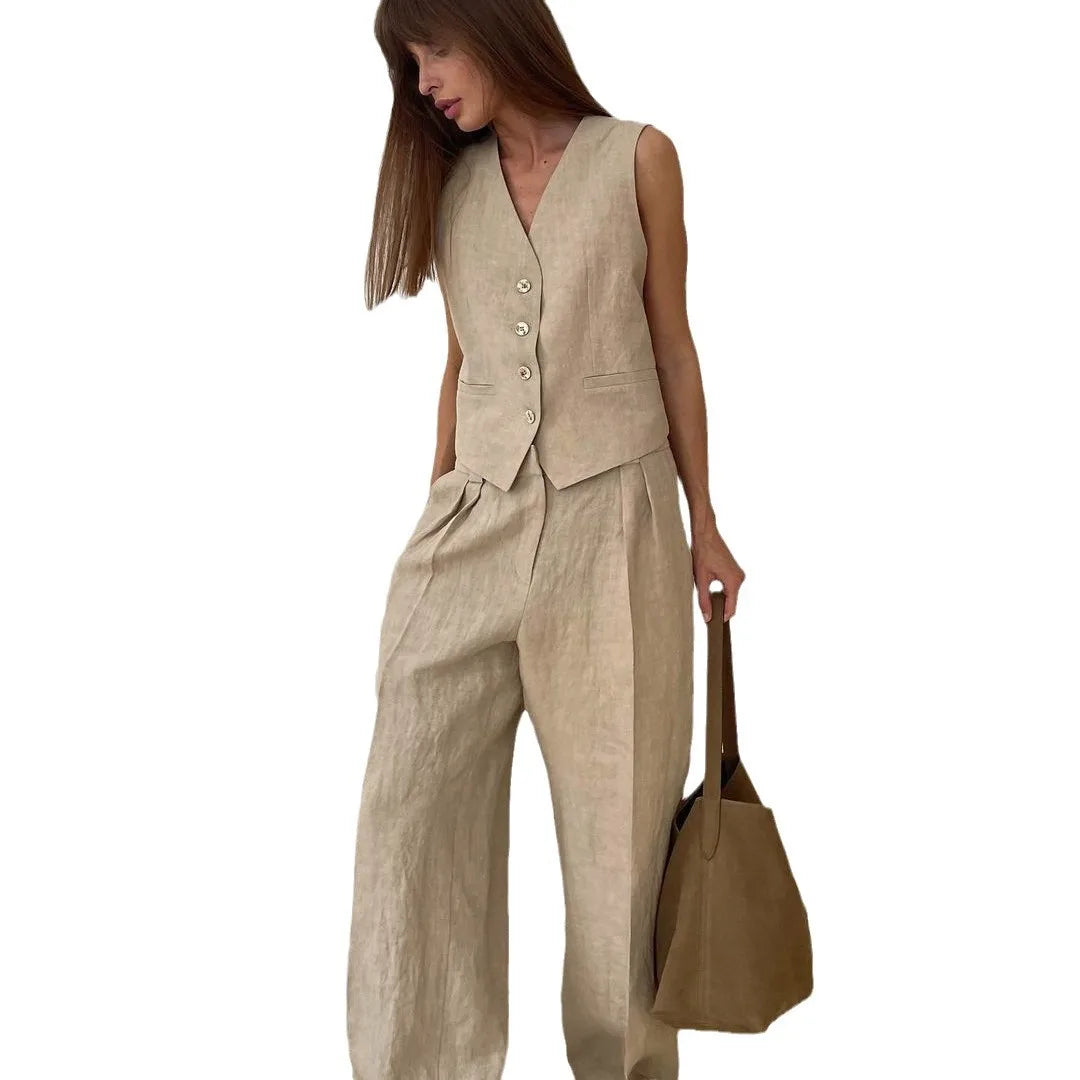 Just Arrived 2 PCS Set 4 Colors UK Size  Women Linen Cotton Chic Vest ＆ Pants Suit  Office Ladies Summer Chic  Women's Outfits