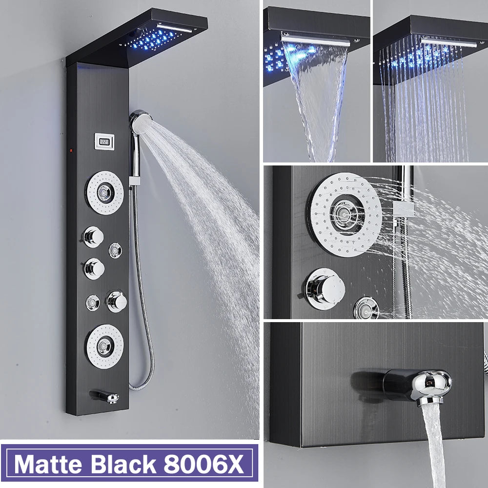 Silver Nickel and Black Color Luxury Massage Spa Shower Column LED Lights Rainfall Bathroom Faucet with Massage Jet Bath Panel System  5 Modes Waterfall Hot Cold Mixer Tap Home Hotels Bathroom Supplies