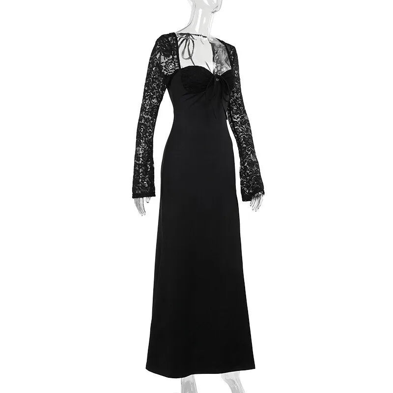 NEW Arrivals UK Size Black/White Color Lace Long Sleeve Sexy Maxi Dress Women Autumn New Square Collar Backless Lace-Up High Split Sexy Evening Beach Night Club Party Long Dress