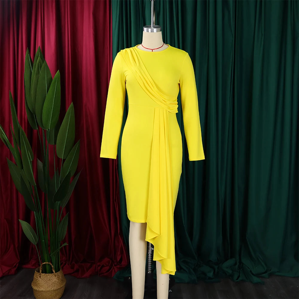 Plus Size Elegant  Dress Woman O Neck Full Sleeve Big Swing Sheath Mid Calf Fashion Female Birthday Party Dinner Dress