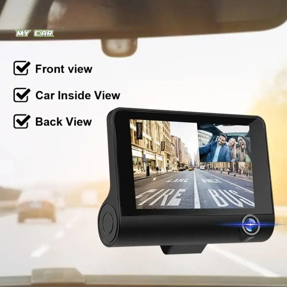 Three Lenses Car Driving Tachograph Front Rear Inside Wide Angle 24H Parking Recorder Loop Recording Night Vision Pedestrian Safety Detector Vehicles Security Accessories