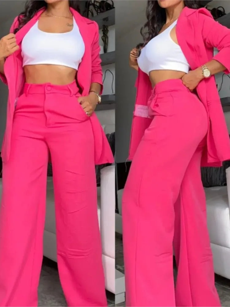 NEW Arrivals 2PCS Set UK Size S(8)-3XL(20) 4 Colors Woman Elegant Luxury Blazer Sets New Autumn Spring Fashion Women's Notched Collar Coat + Pocket Design Pants Set Work Commuting