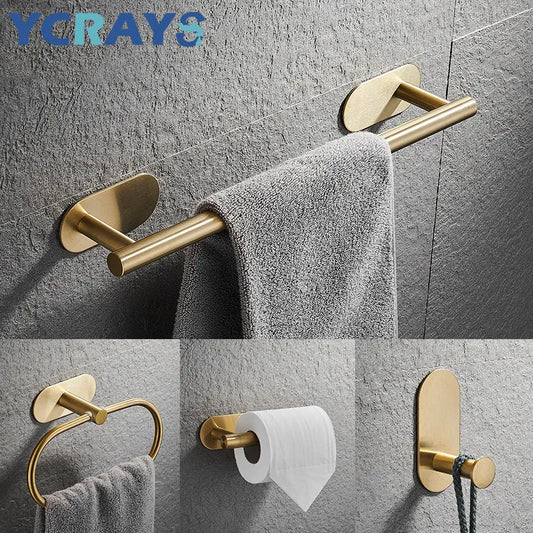 No Drilling Gold Bathroom Accessories Sets Toilet Tissue Roll Paper Holder Towel Rack Bar Rail Ring Robe Hook Hardware