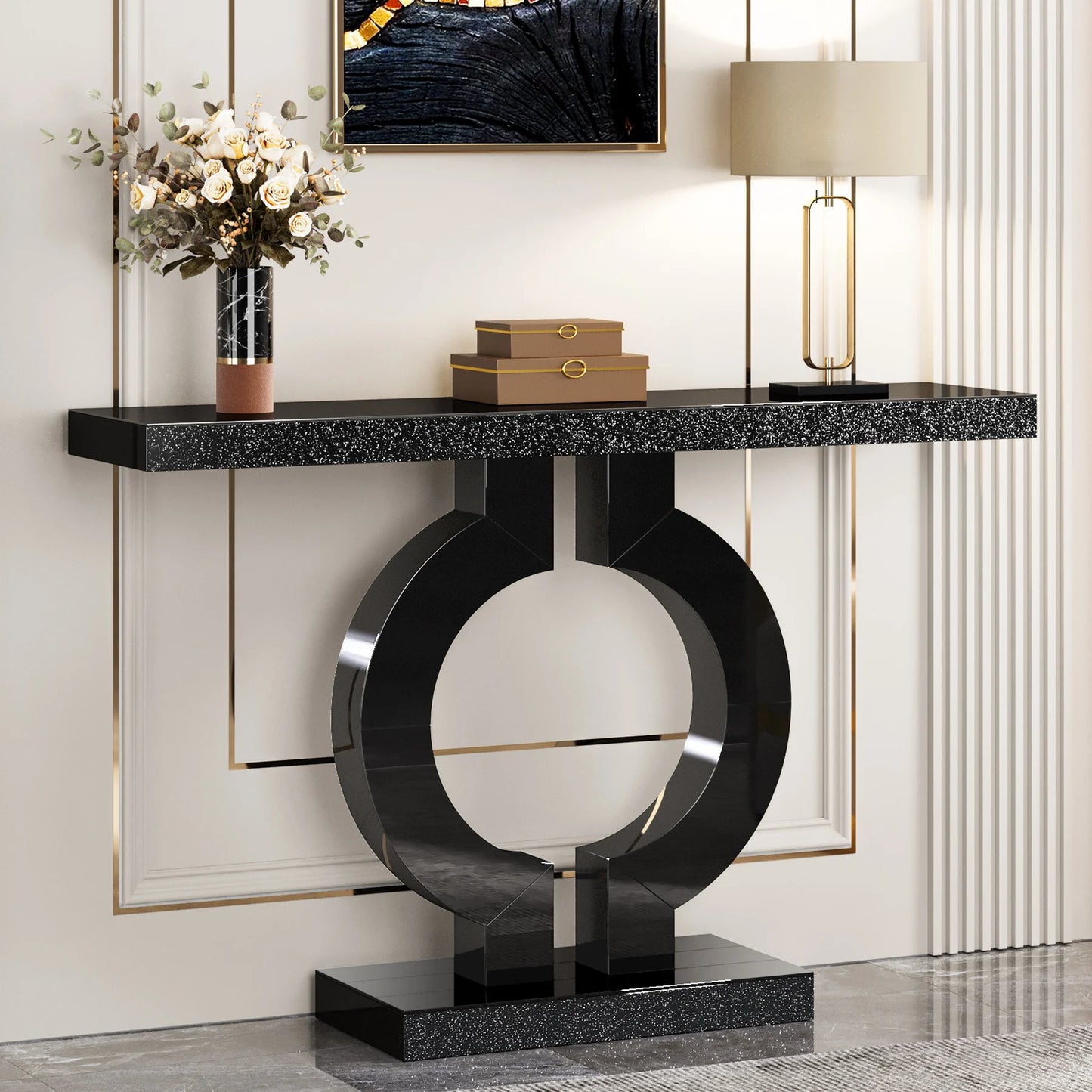 Ivory/Black Color 43-Inch Luxury Modern Mirrored Console Table, Glass Sofa Table with Mirror Finish, Entryway Table with O-Shaped Base, Home Furniture Supplies