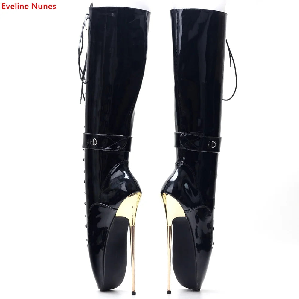 Ballet Lace Up Mid Boots New Arrival Women's Solid Summer Round Toe Super Metal Thin Heel 20CM Fashion Sexy Black Shoes