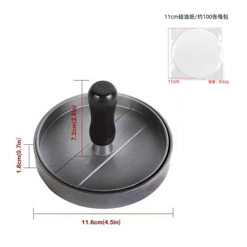 NEW Arrivals Stainless Steel Hamburger Patty Press Machine with Wooden Handle Non-Stick Patty Mold for Perfect Burgers Includes 100 Pcs Meat Pat Cooking Tools