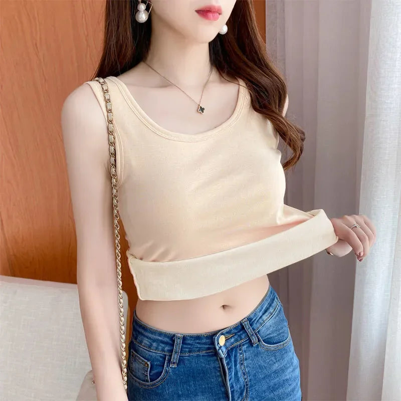 NEW Arrivals Women Thermal Winter Warm Underwear Solid Color Thermal Casual Nightwear Sexy Elasticity Female Thin Velvet T-Shirt Sleeveless Tops Girls Fashion Clothing Supplies