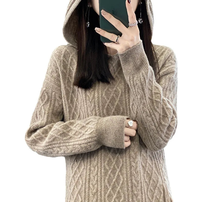 Thickened 100% Cashmere M-XL Warm Dress Knitted Pure Wool Long Hooded Sweater Mid-Length Commute Style for Women Autumn Winter New Arrivals