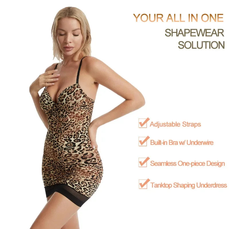 NEW S-2XL Sexy Leopard Shapewear Tank Top Slim Fit Base Layer Skirt Body Shaping Dress Strap Sleepwear Comfortable Underwear Ladies Nightdress