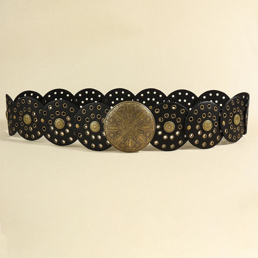 NEW Arrivals Vintage Women's Western Denim PU Leather Belt High Quality Metal Hollow Ladies Trend Wide Round Cutout Waistband Personalized Round Belts Ladies Girls Luxury Fashion Apparel Accessories Clothing Supplies