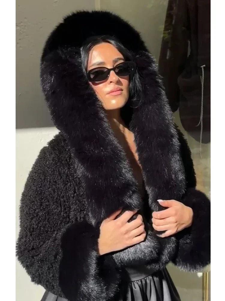 Black/White Color Winter Warm Fur Short Overcoat Women Solid Patchwork Full Sleeve Hooded Loose Thicken Coat Lady Daily Commute Winter Outwear