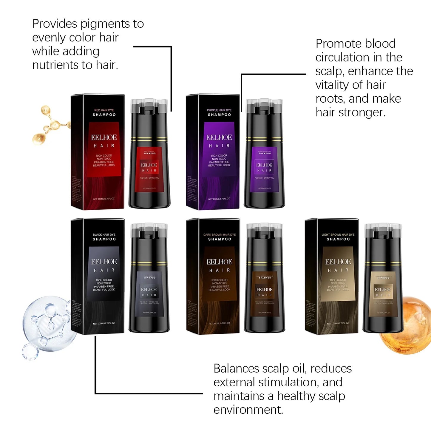 NEW 200ml 5 PCS Set EELHOE Korean Hair Dye Shampoo Nova Hair Instant Dye Shampoo Men Women Quick Easy Safe Hair Color Gray Hair  Coverage Nourish Scalp Women Men Hair Care Supplies