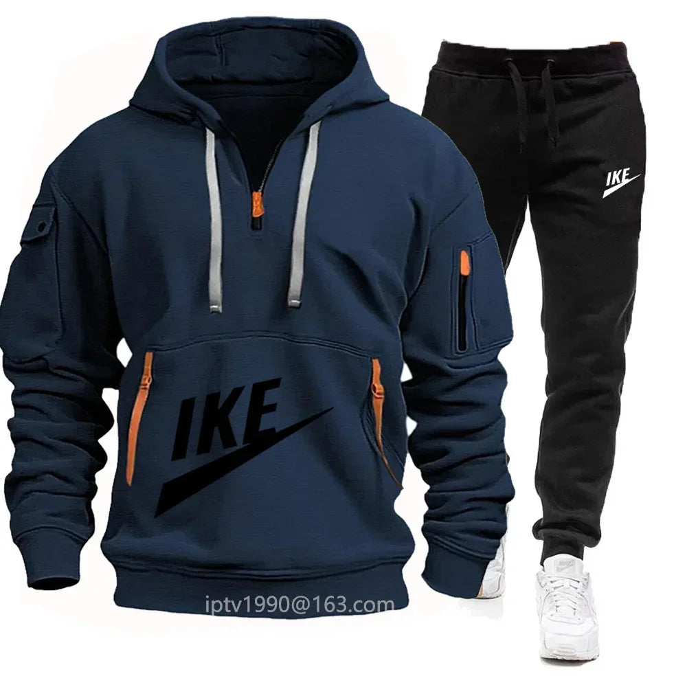 NEW Arrivals 2PCS Set S-3XL 8 Colors Men's Outdoor Gym Running Hiking Fitness Long Sleeved Hooded Sweatshirt and Casual Sweatpants Suit, Multi Zipper Design, Autumn/Winter Male Men Sports Fashion Apparel Supplies