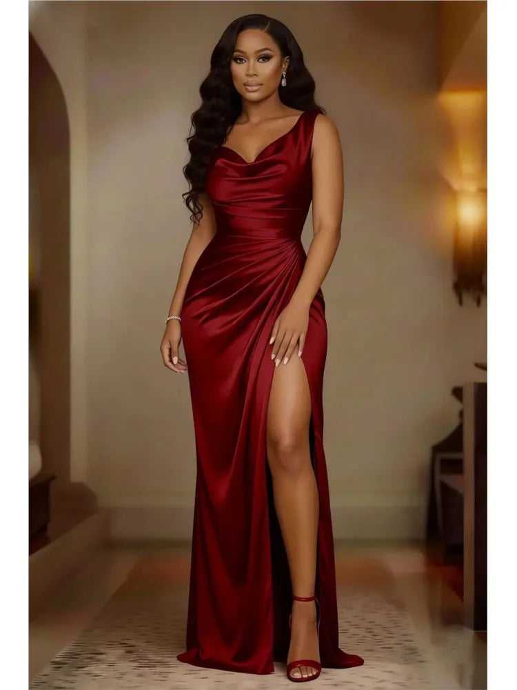 S-3XL Plus Size 6 Colors Elegant Women Sleeveless Solid Color Long Dress Fashion Draped Slim Fit Party Dress Sexy Off Shoulder Hight Split Evening Dress