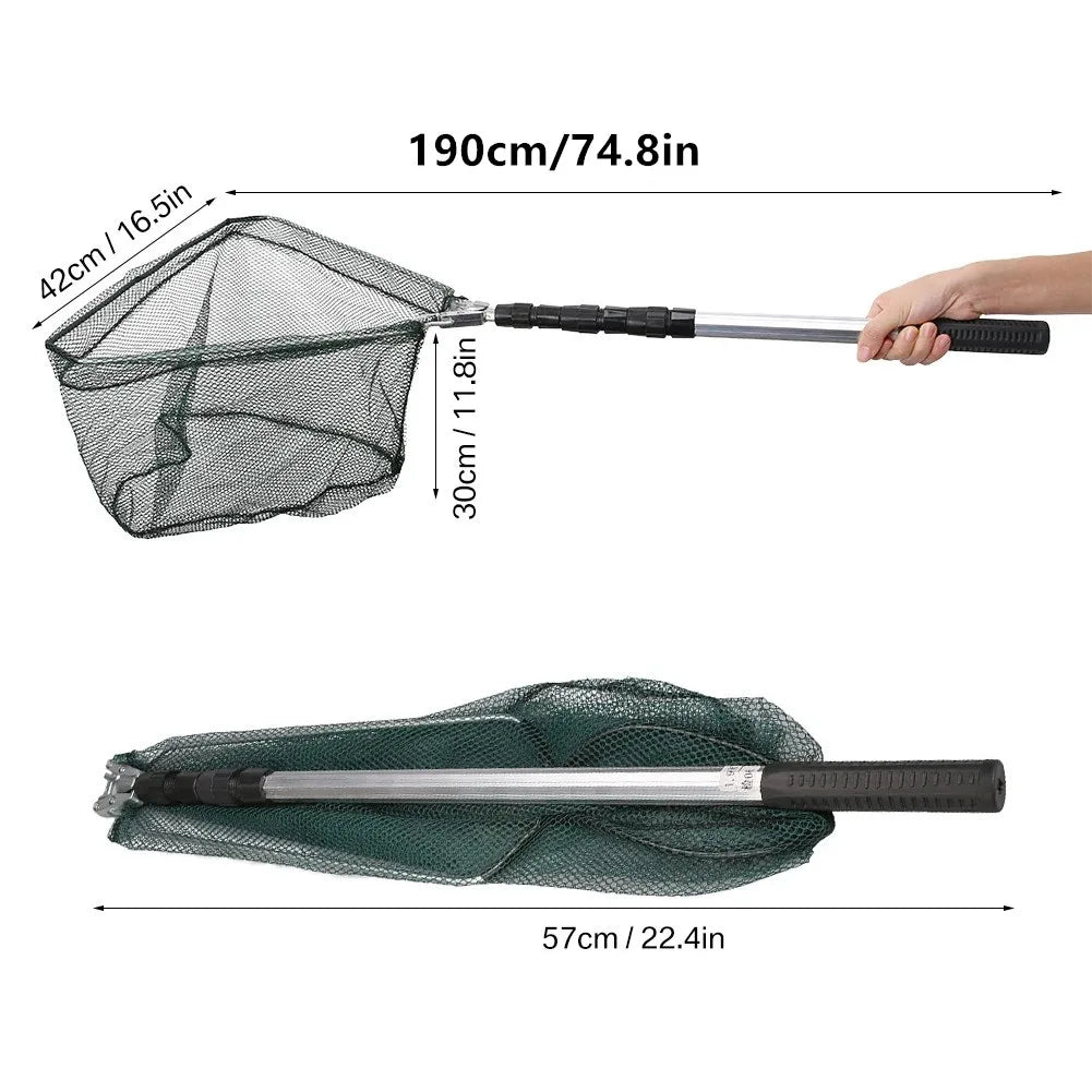 Fishing Landing Net Aluminum Alloy Durable Telescoping Extend to 190cm/130cm/55cm Folding Mesh Safe Fish Catching Releasing Fishing Accessory Sets