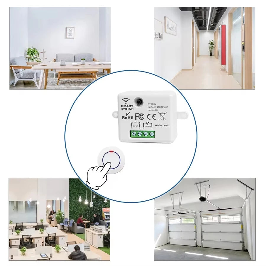 1 Receiver + 2 Remote Control Set RF 433MHz Wireless  10A Relay Receiver Remote Control Light Switch 220V 110V Mini Round Button Wall Panel Switch For LED Lamp