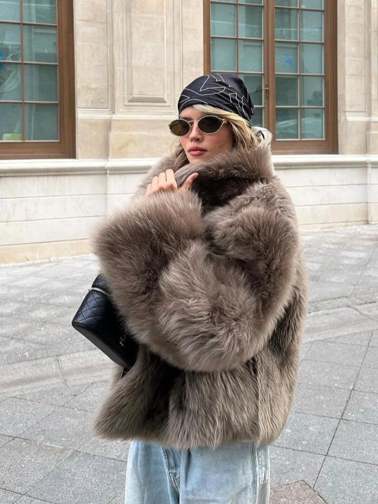 NEW Woman Brown Plush Fur Thick Coat Stand Up Collar Loose Short Jacket Lady Autumn Winter Casual Fashion Commuter Outwear