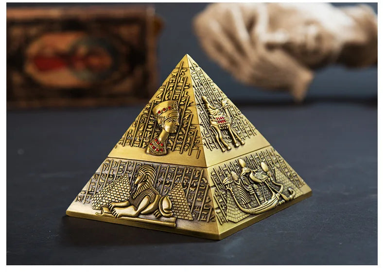 Egyptian Tutankhamun Pharaoh Bronzer Pyramid Metal Ashtray, Creative Candle Holder for Home Club Hotel KTV, European Style Decorative Sculpture