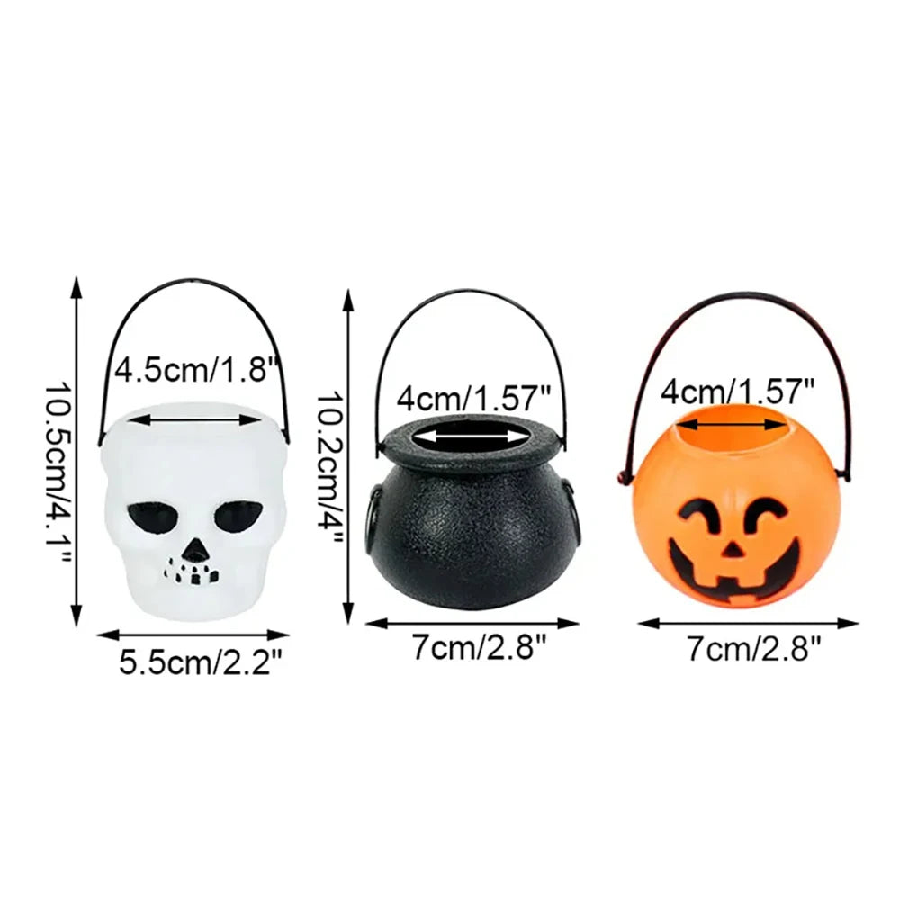 12PCS Set Halloween Scull-Jars Cauldron Decoration,Mini Black Plastic Witches Cauldron,Halloween Candy Basket,Trick Or Treat Bucket