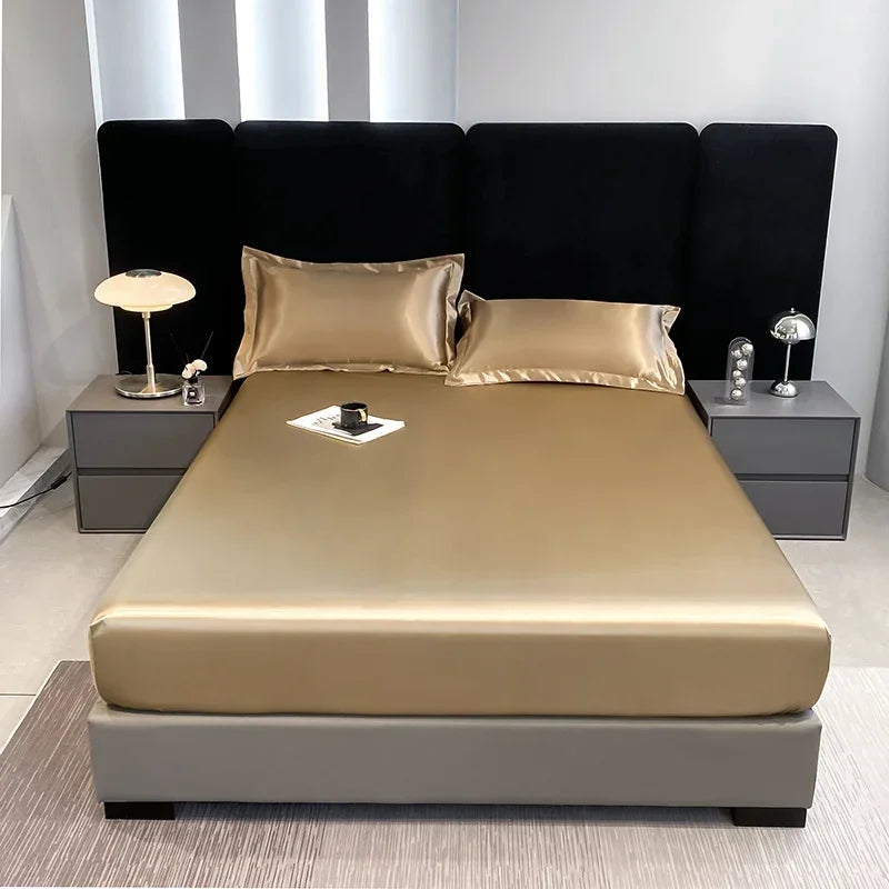 10 Colors Home Hotels Luxury Satin Waterproof Fitted Sheet Silky Solid Color Bed Sheet Breathable Elastic Band Sheets Smooth Bedsheet Mattress Cover
